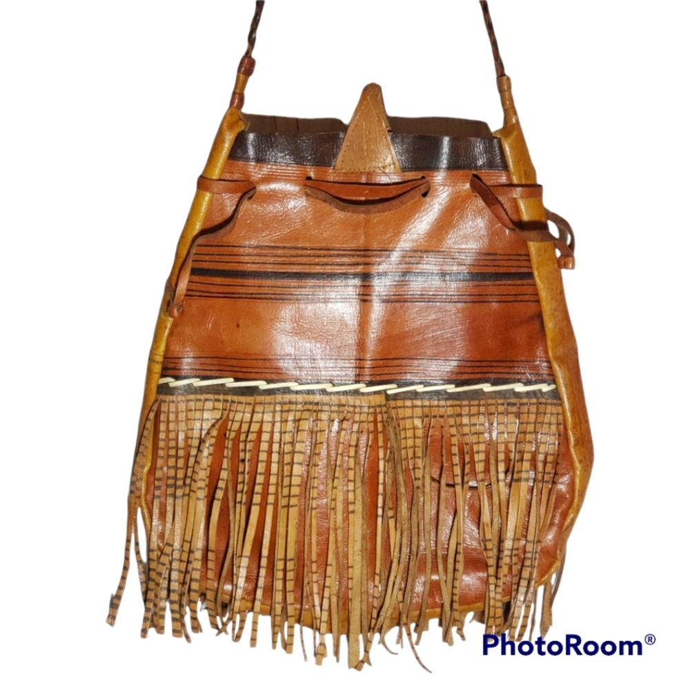 Vintage Ghana Shoulder Handbag, Fringe, bucket style - Picture 2 of 7